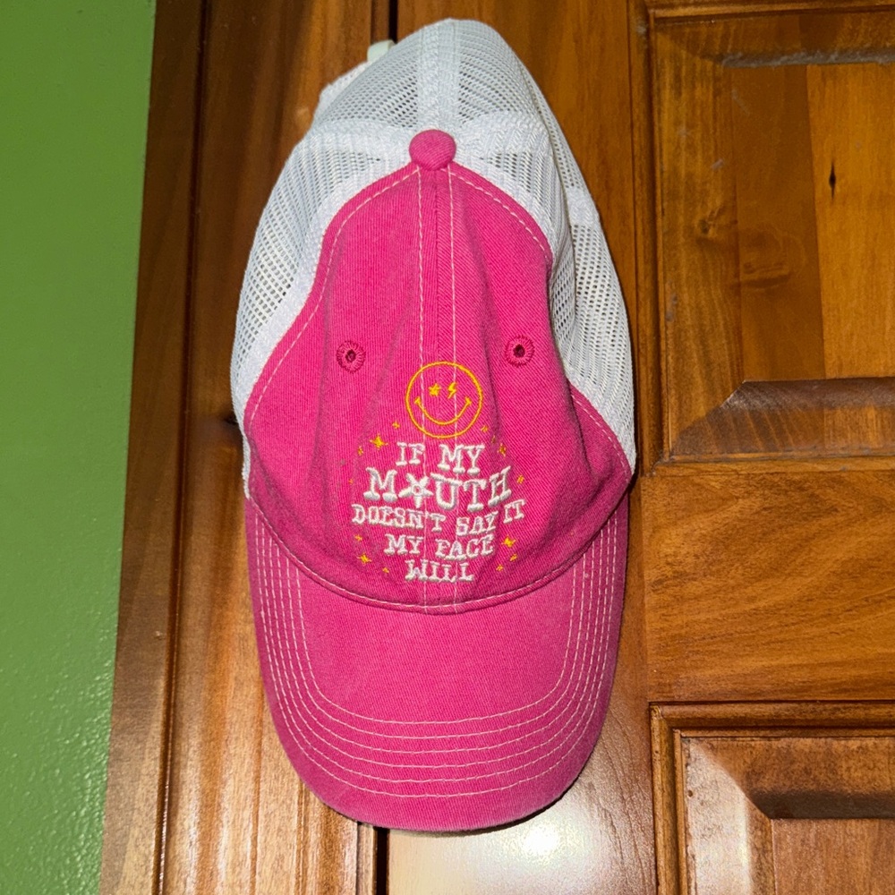 Pink Mesh Back Baseball Hat with Smiley Graphic